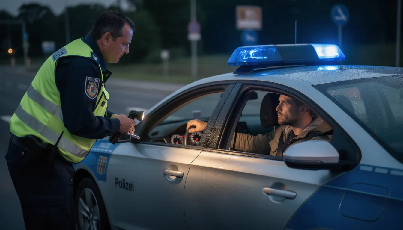 Ein Autofahrer sitzt am Steuer seines Fahrzeugs während einer Verkehrskontrolle durch die Polizei. Es wird überprüft, ob der Fahrer den THC Grenzwert von 3,5 ng/ml im Blut überschreitet, was im Straßenverkehr zu einem Fahrverbot führen kann.