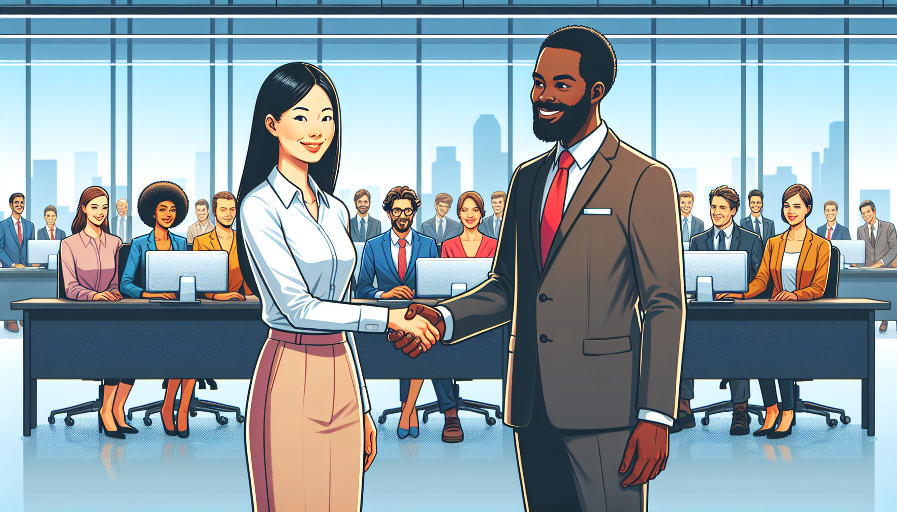 Illustration of a welcoming handshake between a new employee and a manager
