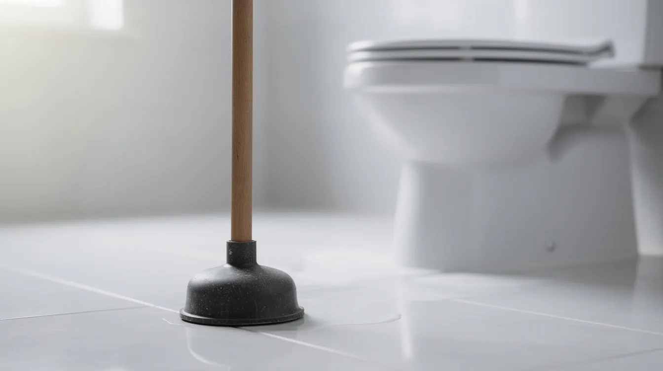 Eine Nahaufnahme eines Pümpels liegt neben einer weißen Toilette in einem sauberen Badezimmer. Der Pümpel dient als Hilfsmittel zur Bekämpfung von Toilettenverstopfungen, während die Toilette in einwandfreiem Zustand ist und bereit für die Nutzung erscheint.
