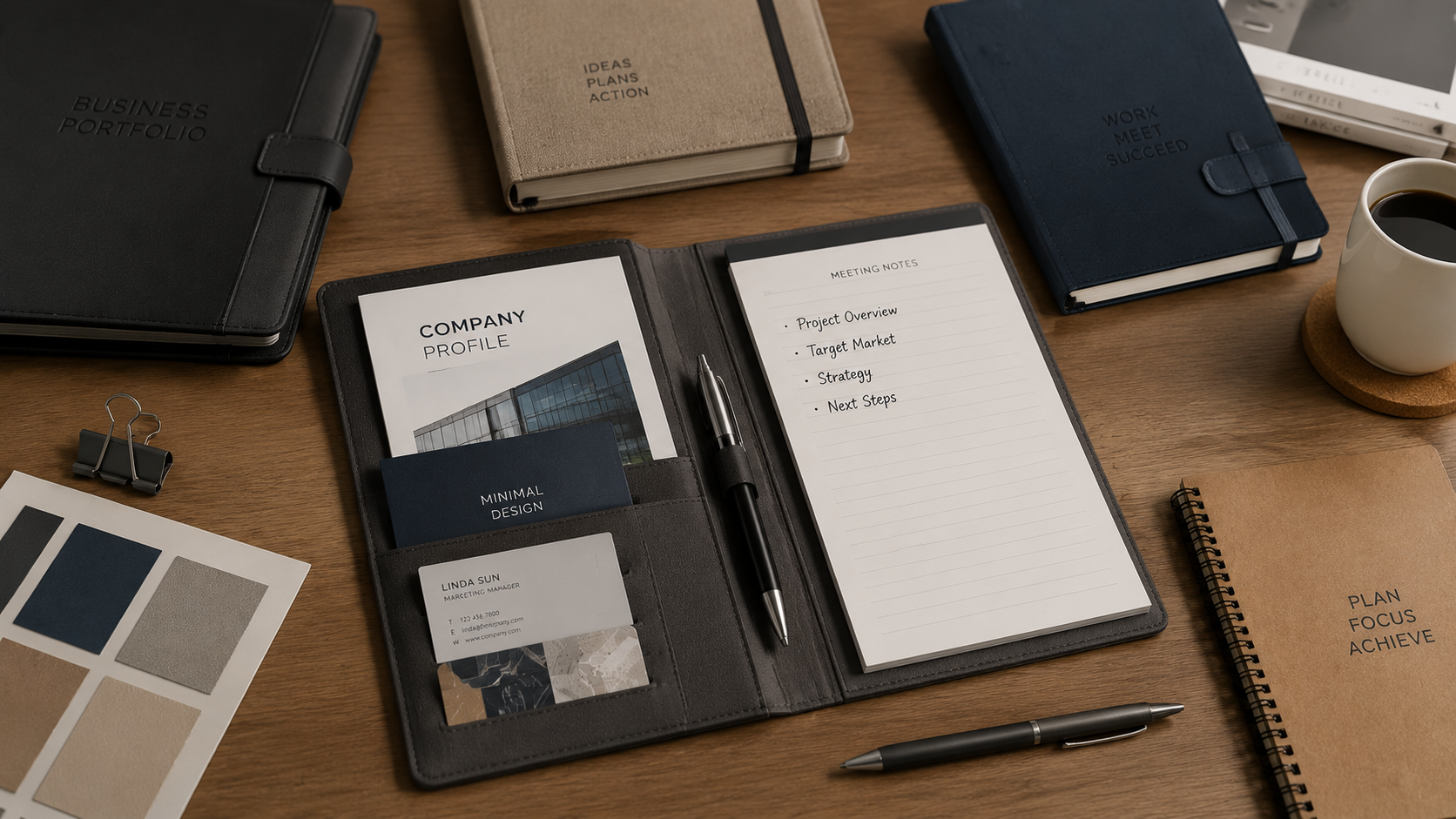 Portfolio notebook with document pocket, business card slots, pen holder, and writing pad
