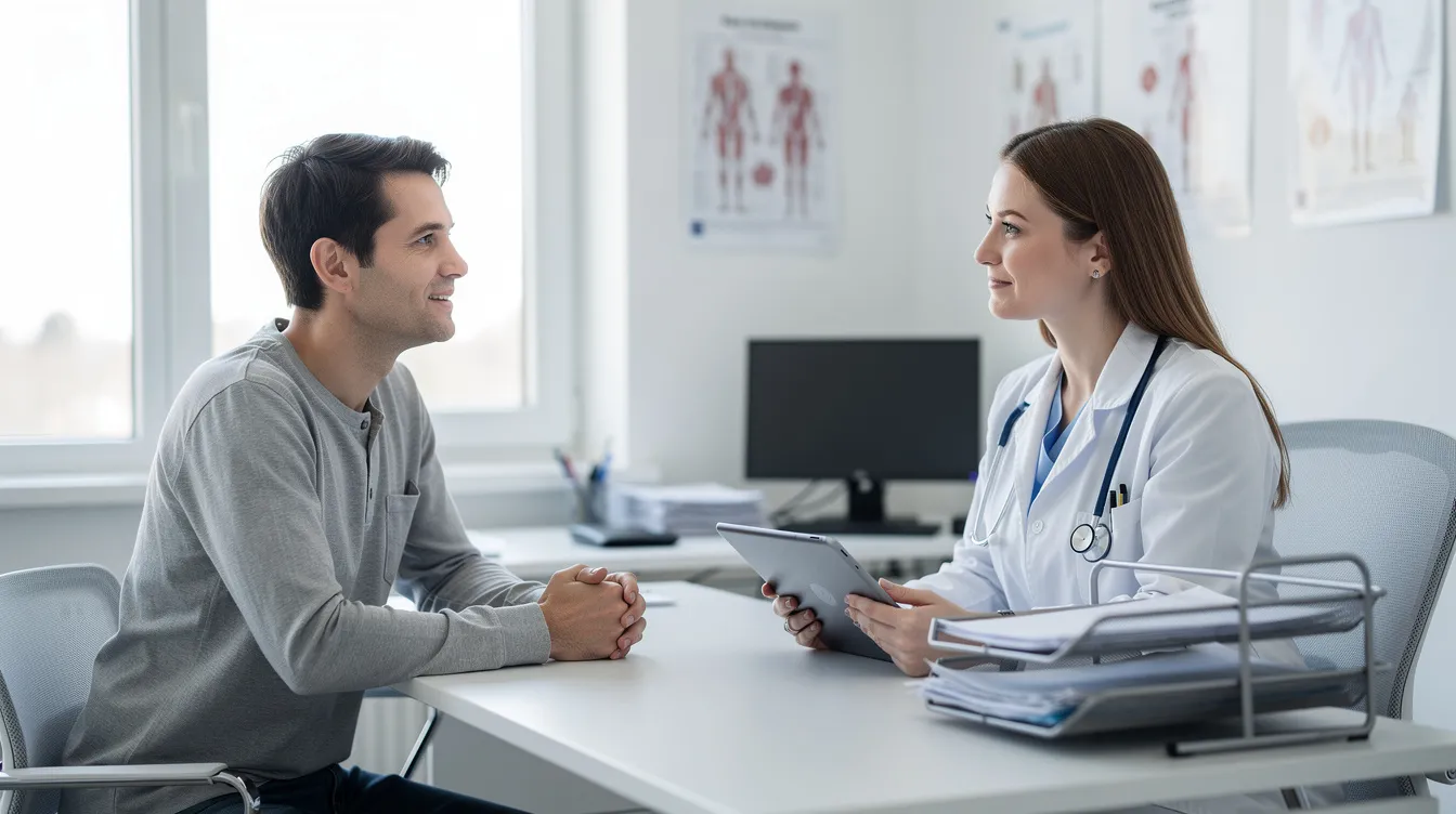 A patient is seated across from a medical professional in a bright clinical office, engaged in a calm consultation about eyelid surgery options. The discussion likely focuses on addressing concerns such as sagging eyelids and excess skin, as well as the blepharoplasty recovery timeline for achieving a more youthful and refreshed appearance.