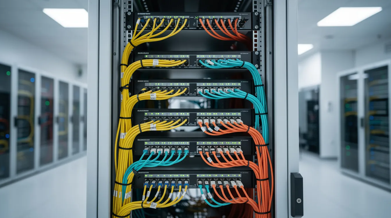 The image shows multiple fiber optic cables connected to networking switches within a colocation facility, highlighting the essential infrastructure that supports real-time market data for trading platforms. This setup is crucial for ensuring fast and reliable data processing for stock trading applications and other financial markets.