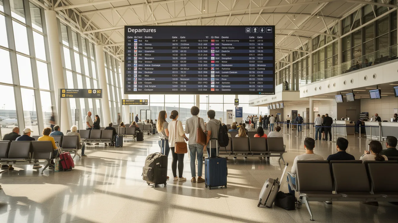 The image depicts a busy international airport departure terminal, bustling with travelers checking flight information boards and preparing for their journeys. This scene highlights the importance of immigration advice and visa applications, particularly for those traveling under the British Irish Visa Scheme or entering the common travel area.