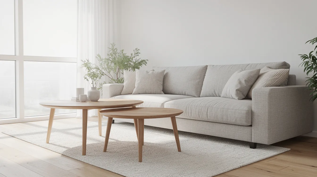 In een licht appartement staan twee organische salontafels van verschillende hoogtes naast een hoekbank, met vloeiende lijnen en zachte vormen die een uitnodigende sfeer creëren. Deze unieke organische salontafels, gemaakt van natuurlijke materialen zoals massief hout en walnoot fineer, passen perfect in moderne woonkamers en bieden een speelse uitstraling.