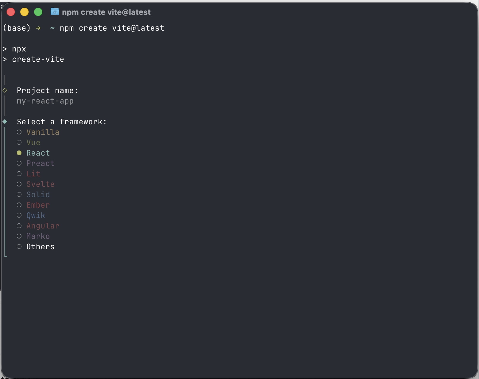 Select React as the framework