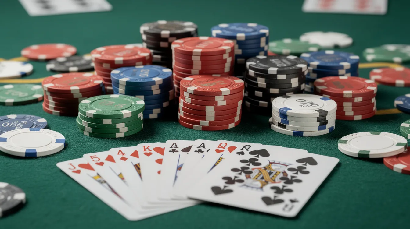 The image features a collection of colorful casino chips and playing cards neatly arranged on a green felt table surface, creating an inviting atmosphere reminiscent of classic casino games. This setup highlights the excitement of gambling activities often found in both physical and online casinos.
