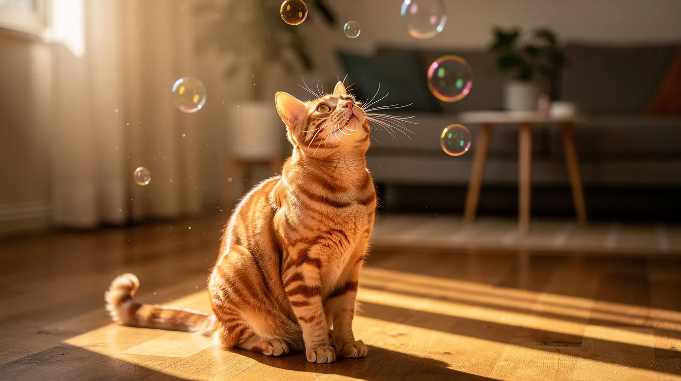 An orange tabby cat sits on a hardwood floor, intently watching catnip infused bubbles float through the air in a sunlit room, showcasing its playful curiosity. The scene captures the joy of indoor cats as they engage with the whimsical bubbles, ready to jump and play.