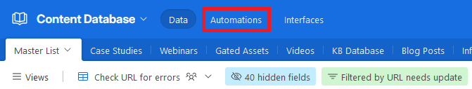 A screenshot of an Airtable base with the Automations menu highlighted.