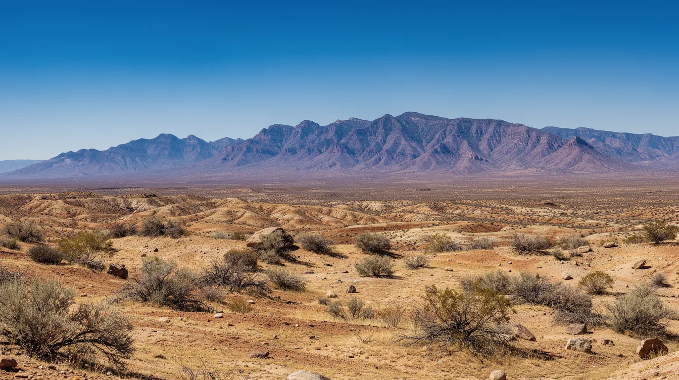 A panoramic view of a New Mexico desert landscape showcases expansive sandy terrain with mountains rising majestically in the background, all under a clear blue sky. This serene setting reflects the region's natural beauty, which is also home to various cannabis plants, highlighting the state's evolving cannabis laws and the legal status of medical cannabis for registered medical marijuana patients.