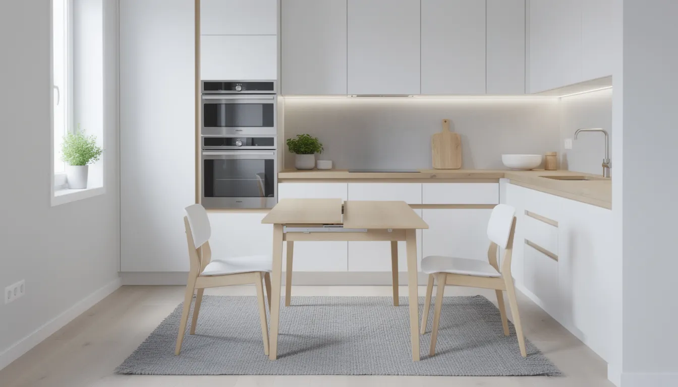 Bilden visar ett kompakt, utdragbart matbord i ett litet, modernt kök. Bordet är designat för att rymma många stolar och erbjuder möjlighet till extra plats när det behövs, vilket gör det perfekt för både vardag och besök.