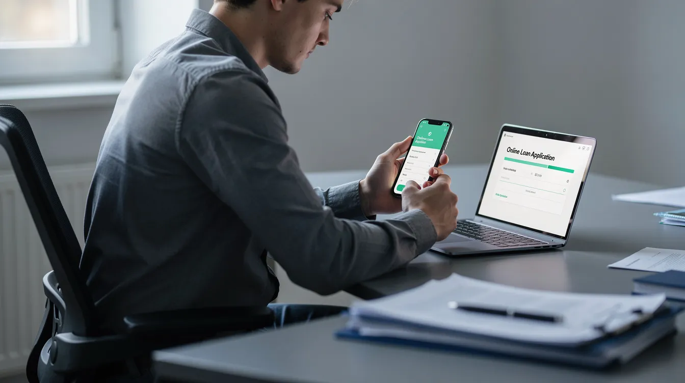 A person is sitting at a desk, focused on their smartphone as they complete an online loan application. The scene illustrates the convenience of applying for a loan through a mobile app, highlighting options like personal loans and instant approval processes.