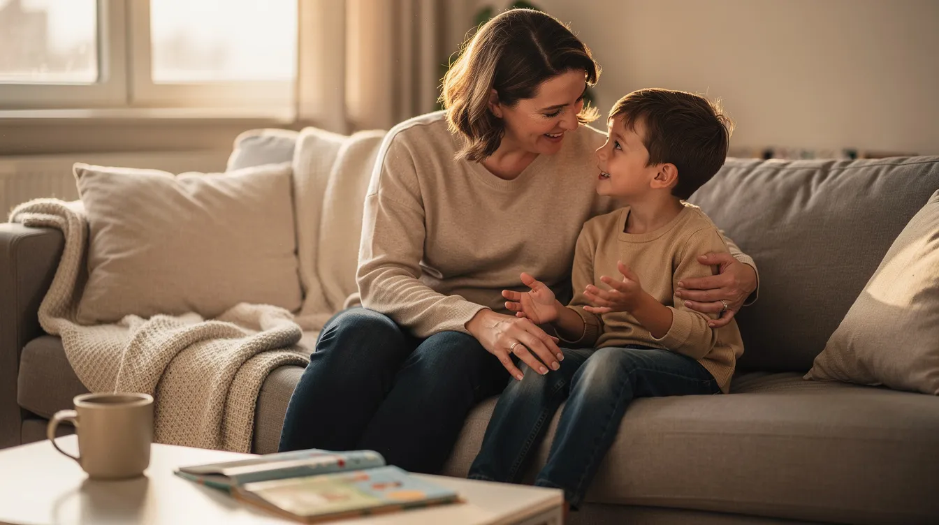 A parent and child sit comfortably on a sofa, engaged in a relaxed conversation that fosters the child's comprehension skills and academic success. This intimate moment highlights the importance of support and communication in developing independent learning skills and addressing the unique challenges faced by students in their educational journey.