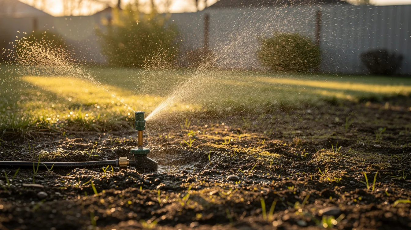 A garden sprinkler is gently watering a freshly seeded lawn area, bathed in soft morning light, promoting new grass growth and ensuring even coverage for strong roots. The scene captures the essence of lawn care, highlighting the importance of essential nutrients for a lush, green lawn.