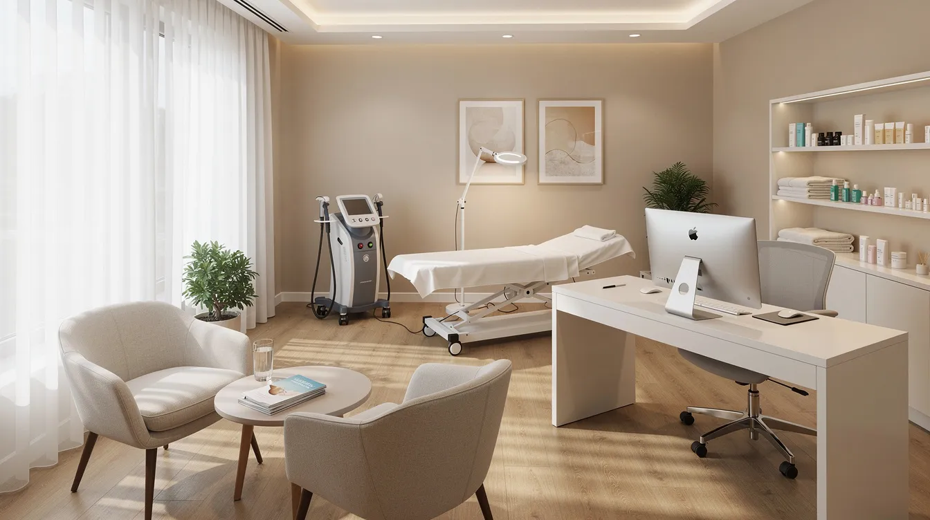 The image depicts a bright and welcoming medical spa consultation room featuring comfortable seating and modern aesthetic treatment equipment, highlighting a space for body contouring procedures and fat reduction consultations. This inviting environment is designed to discuss options for eliminating stubborn fat and achieving smoother skin through non-surgical body contouring treatments.