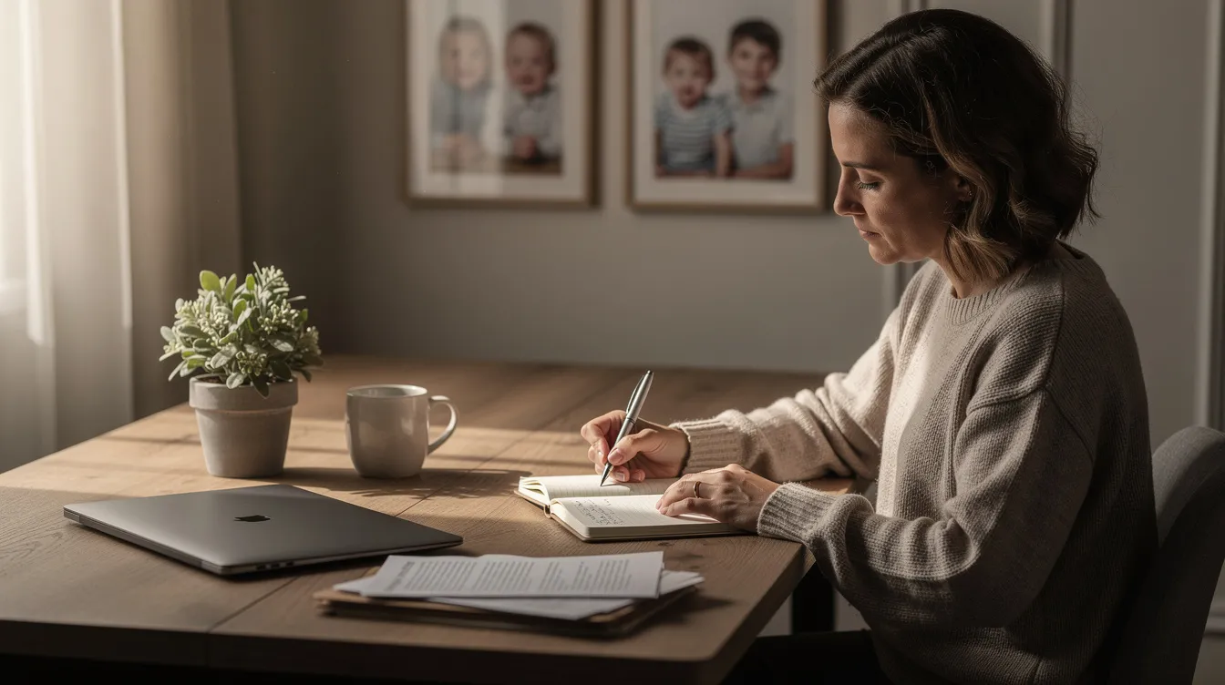 A parent is seated at a calm, tidy desk, writing reflective notes in a notebook, focusing on their child's cognitive and emotional development. This moment captures the essence of educational therapy, highlighting the importance of parental involvement in supporting children through their learning differences and developmental milestones.