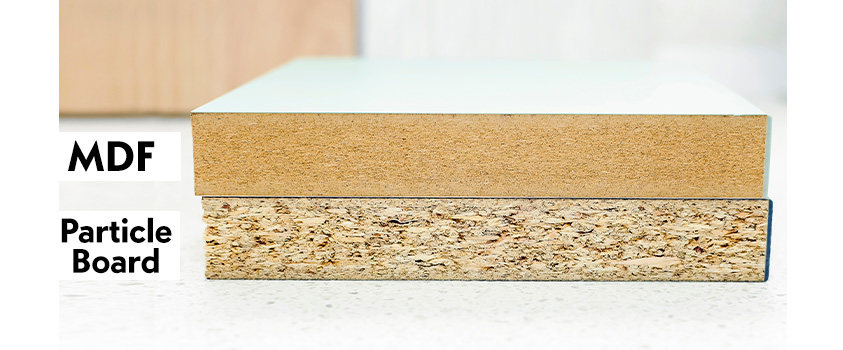 A cross section of MDF and particleboard, showing the different wood grain types.