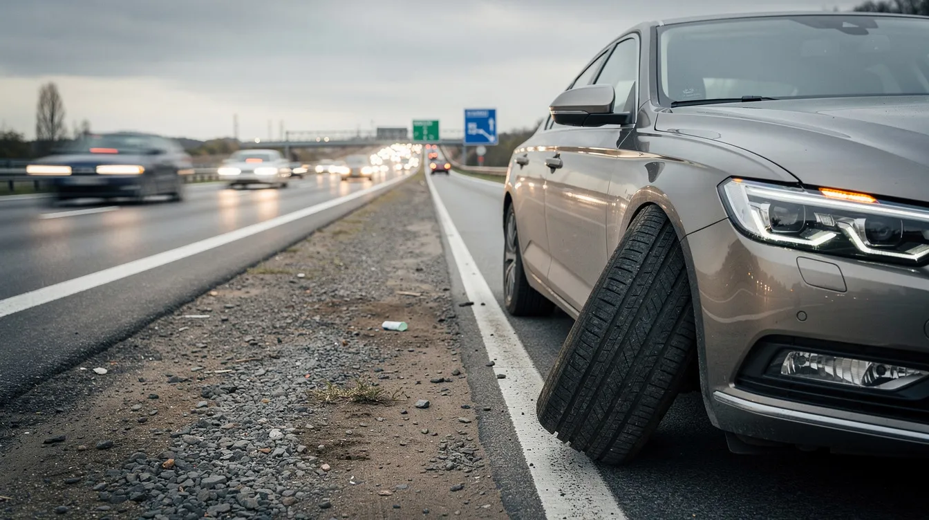 Une voiture de location est arrêtée sur le bas-côté d'une autoroute, avec un pneu crevé bien visible. Le conducteur semble en train d'évaluer la situation, probablement en attendant une assistance ou en préparant une roue de secours pour résoudre ce cas de crevaison.