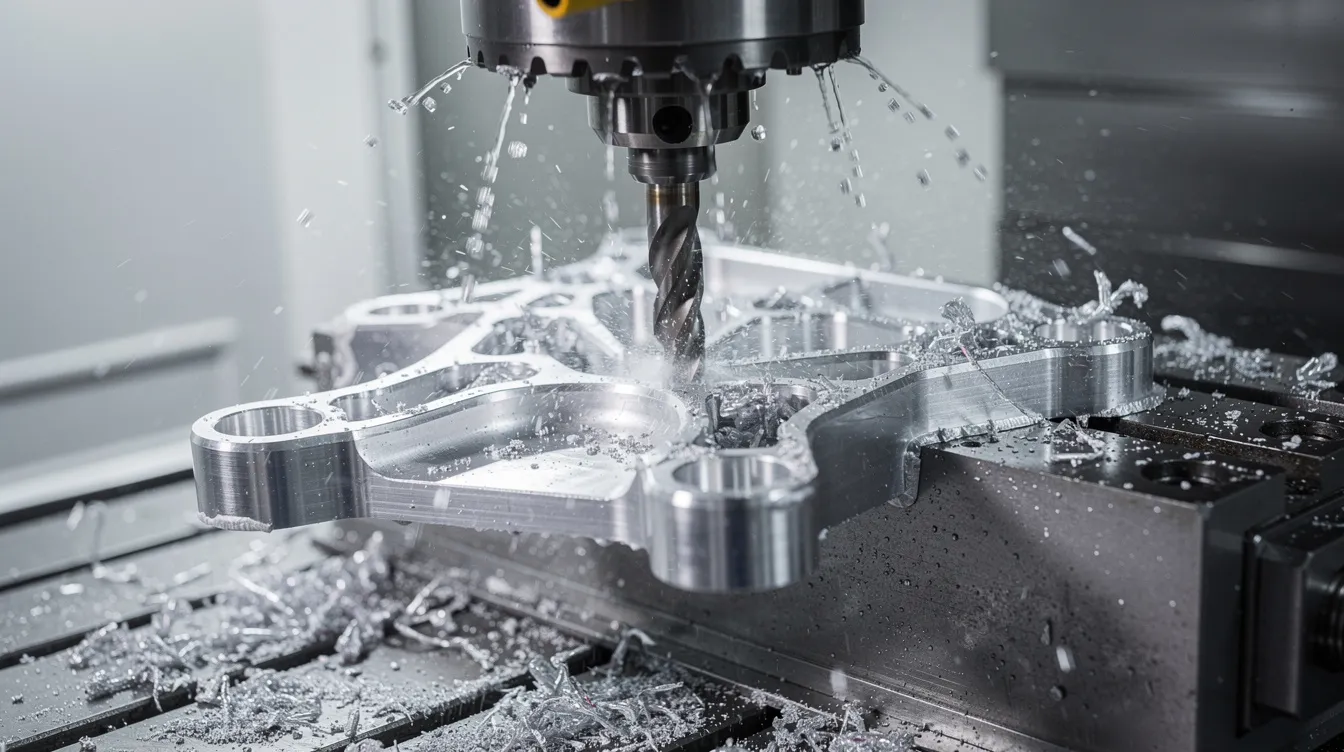 A close-up view of a CNC machining center actively cutting an aluminum aerospace bracket, with a visible coolant spray enhancing the machining process. This image highlights the precision and quality management principles essential in the aerospace and commercial markets, reflecting the commitment to ISO 9001 2015 certification standards.