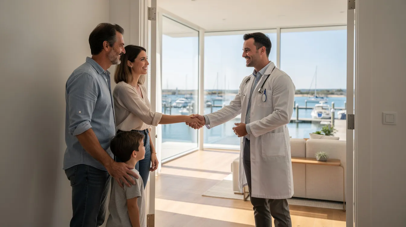 A smiling doctor is shaking hands with a family at the doorway of a bright, modern apartment, with a stunning view of the Dubai Marina visible through the window. This scene reflects the personalized care and reliable medical services provided by home visit doctors, ensuring quality healthcare in a familiar environment.