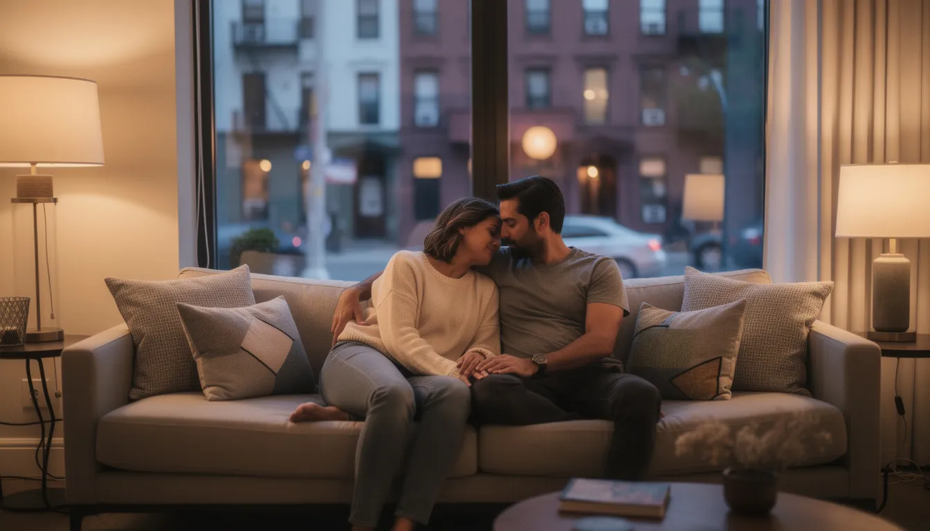 A romantic couple in their late 30s to early 40s sits closely together on a plush sofa in a luxuriously designed Brooklyn apartment, embodying relaxed intimacy and emotional safety. The warm ambient light filters through large floor-to-ceiling windows, revealing a dusky brownstone street, while their soft eye contact and calm demeanor reflect a deep connection, hinting at the complexities of relationship dynamics.
