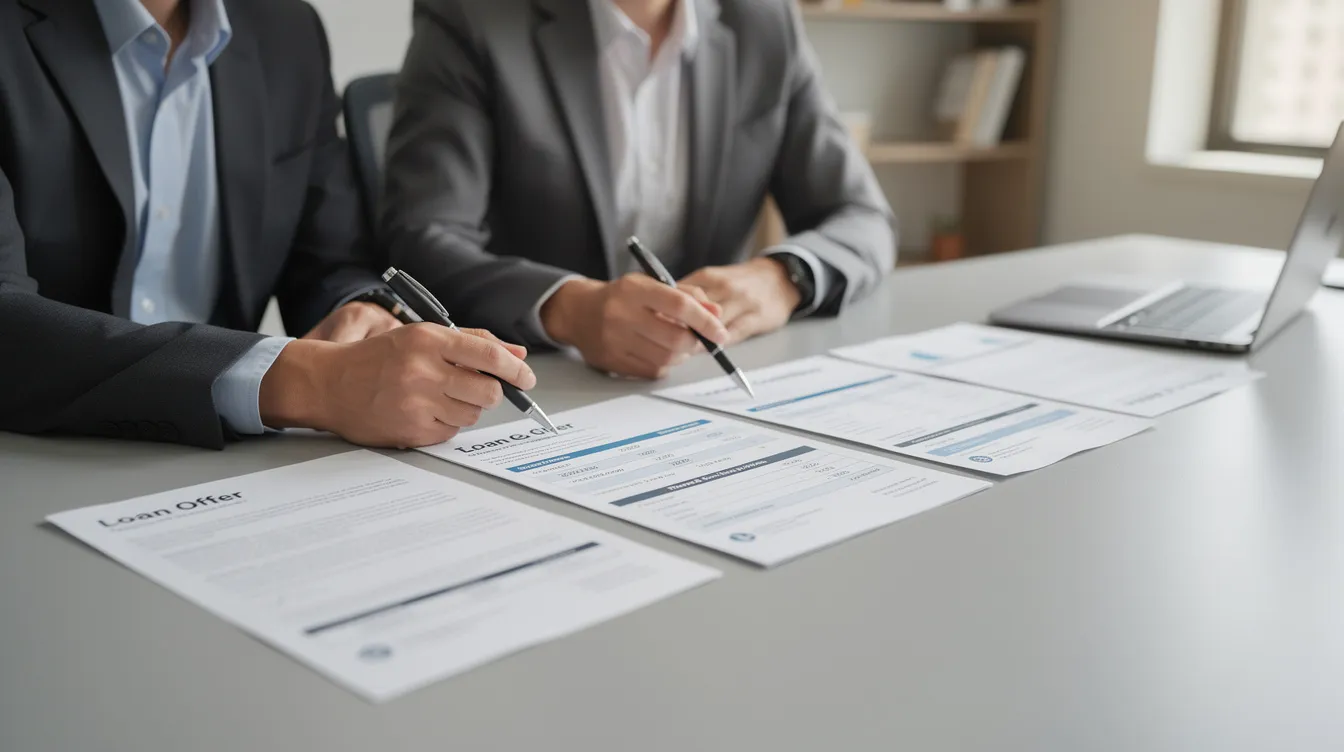 The image shows two people sitting at a desk, closely examining several printed loan offer documents related to home equity loans. They appear to be comparing terms such as interest rates and repayment periods, likely considering options for accessing funds through their home's equity.