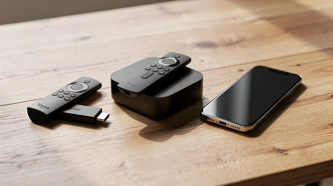 The image showcases a variety of streaming devices, including a Firestick, an Apple TV box, and a smartphone, all neatly arranged on a wooden table. These devices are essential for accessing live TV streaming services, allowing users to enjoy live channels, regional sports networks, and on-demand content from their favorite streaming services.