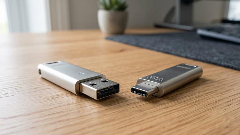 A USB A and C drives placed side by side