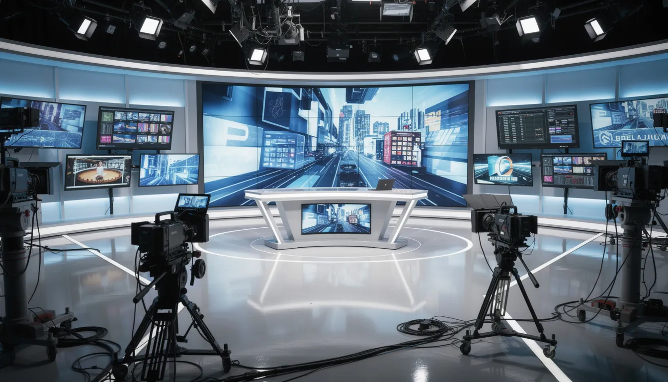 En modern TV-studio med professionell utrustning, flera bildskärmar och stark belysning. Stämningen är dynamisk och färgglad, vilket skapar en perfekt miljö för att sända live casino-spel som roulette.