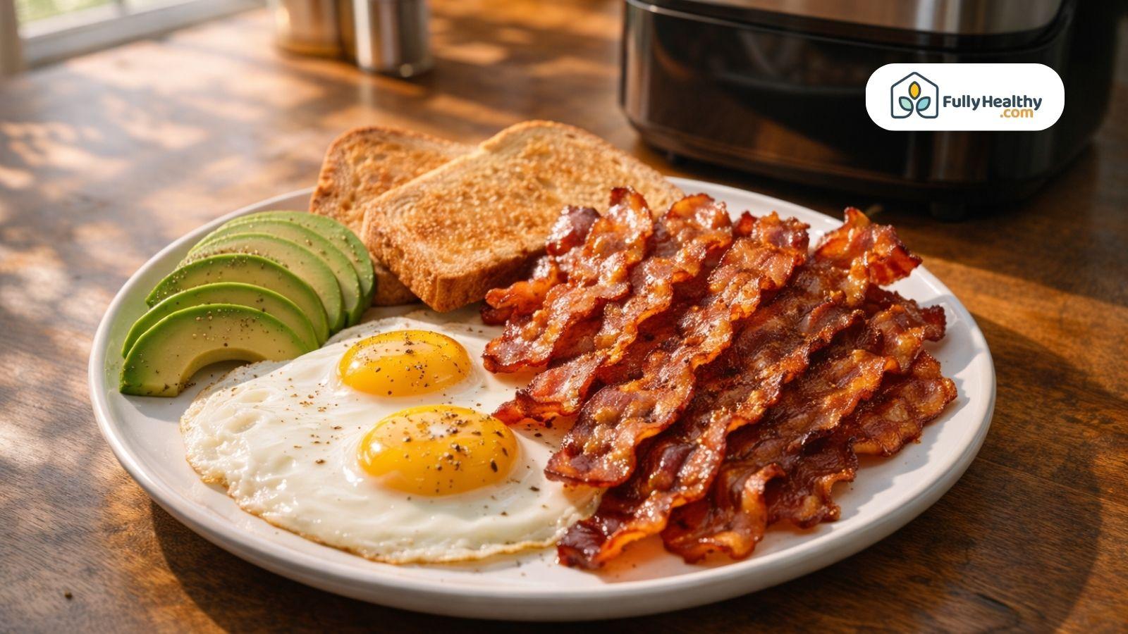 Breakfast plate with crispy bacon eggs toast avocado beside air fryer