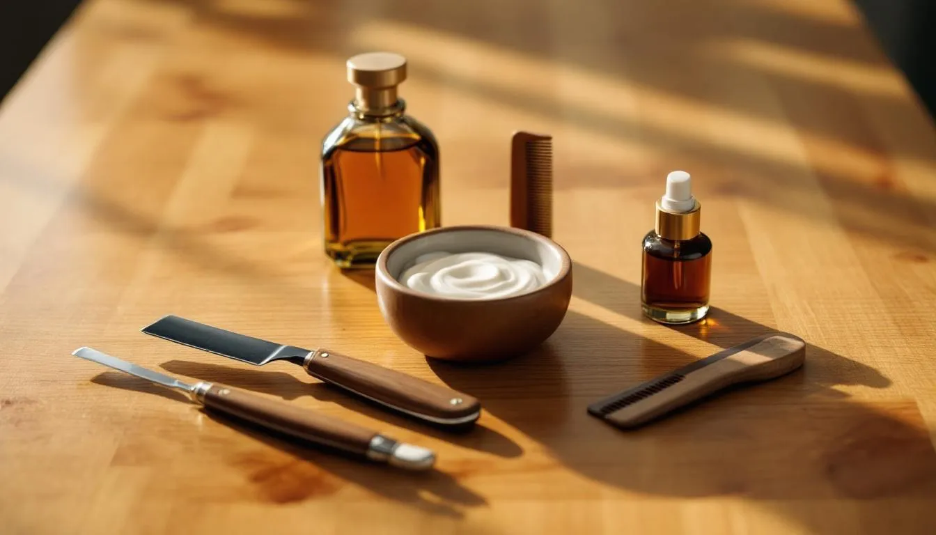 Na drewnianej powierzchni ułożony jest zestaw kosmetyków męskich, w tym elegancki żel do golenia, balsam po goleniu oraz perfumy, które stanowią doskonały prezent dla taty na urodziny. Taki zestaw to praktyczny i oryginalny podarunek, który z pewnością zrobi wrażenie.