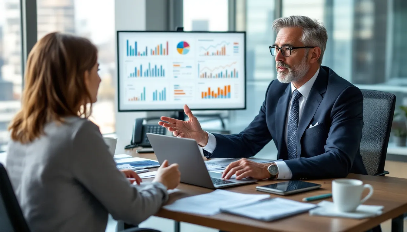 The image depicts a professional financial advisor seated across a desk from a client, actively explaining various charts and calculations related to retirement income strategies, including fixed indexed annuities and their benefits like guaranteed income and principal protection. The advisor emphasizes the importance of understanding market risks and the potential for tax-deferred growth in retirement savings.