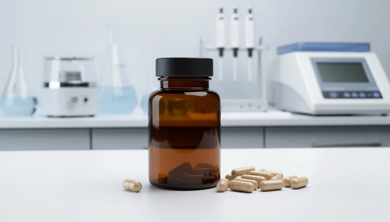 A dark amber supplement bottle filled with capsules sits next to laboratory testing equipment, symbolizing the intersection of science and health in the world of NMN supplements. This image highlights the importance of cognitive function and muscle performance in the journey toward longevity and improved well-being.