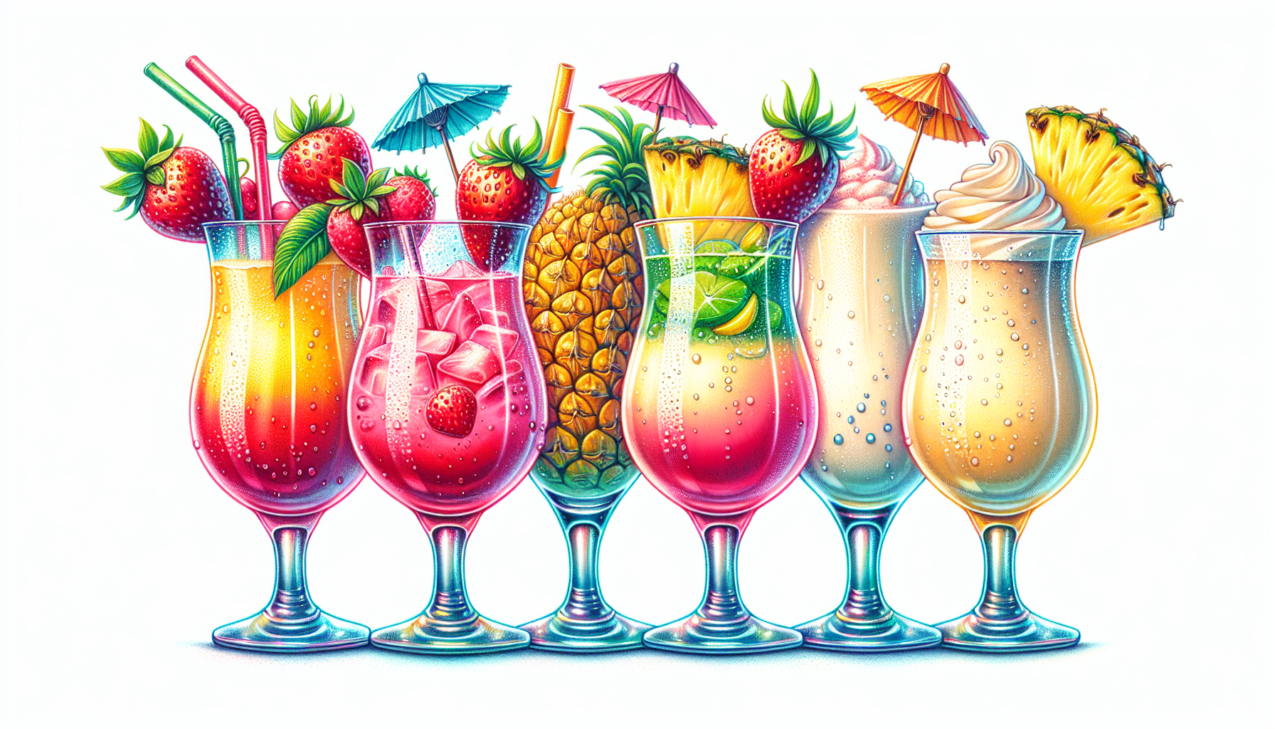 Refreshing blended cocktails in tall glasses