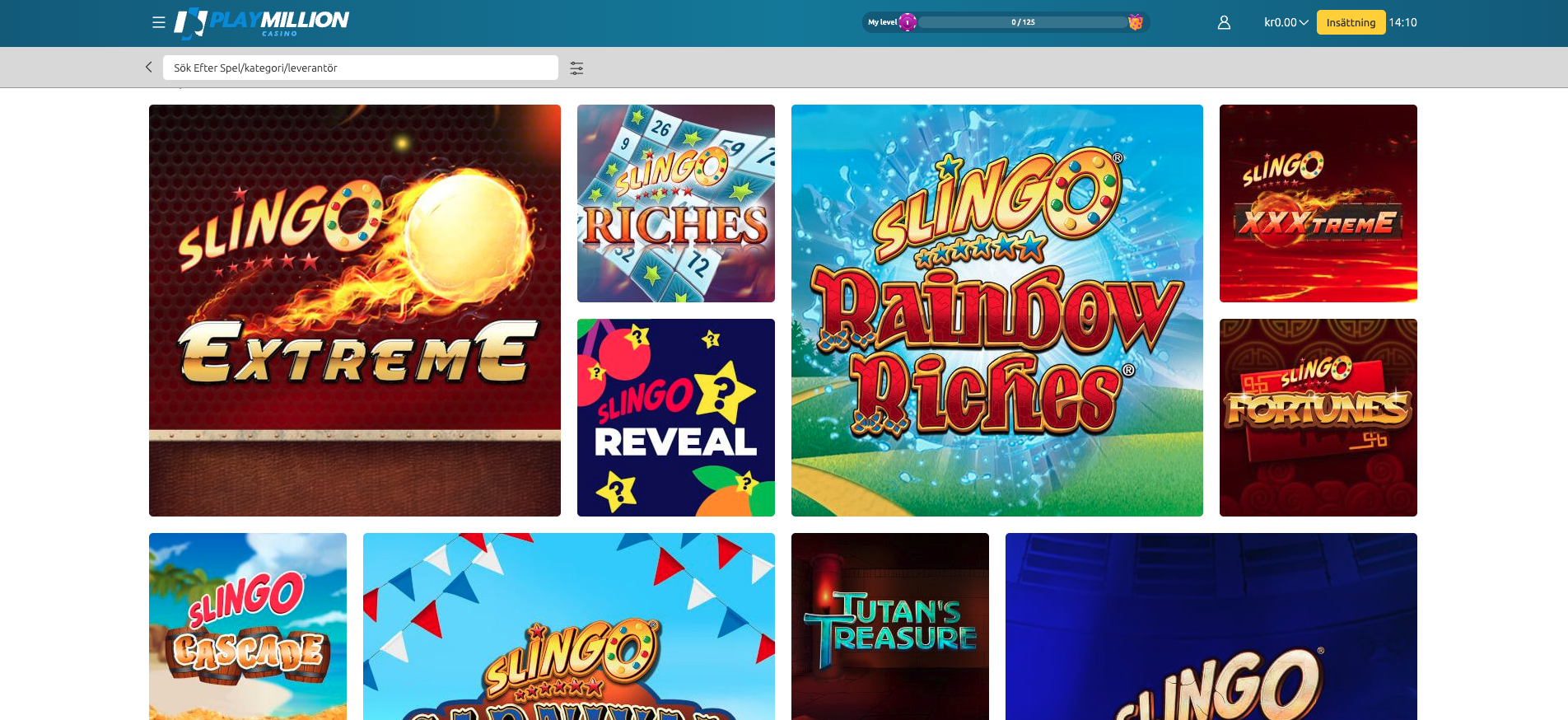 PlayMillion Casino Slingo-spel med titlar som Slingo Rainbow Riches, Slingo Extreme och Slingo Cascade.