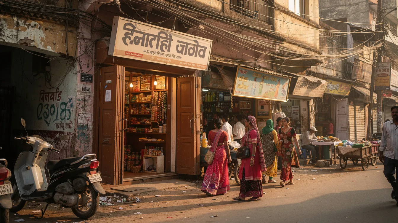 The image depicts a small shop with open shutters and a visible signboard, situated on a bustling Indian street filled with people and street vendors. This scene reflects the vibrant atmosphere of small business operations, where business owners may seek financing options such as a Mudra loan to support their ventures.
