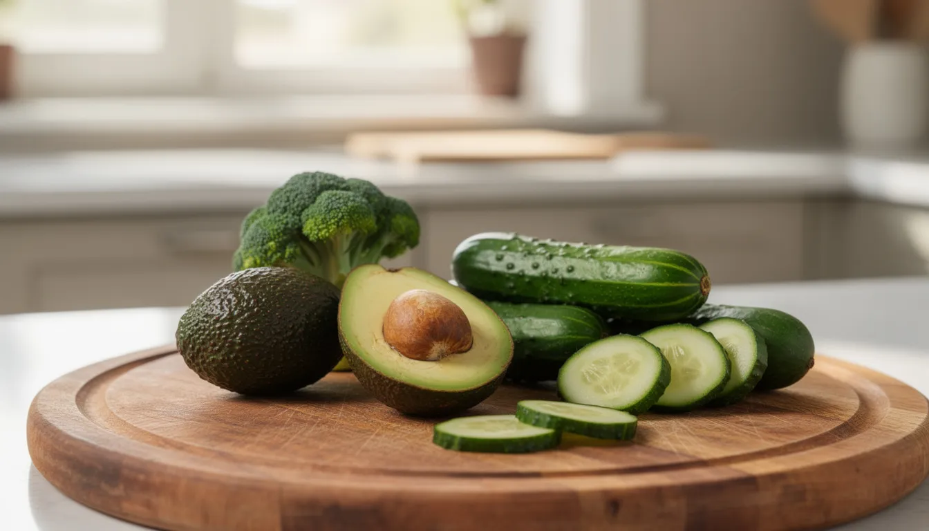 A wooden cutting board displays a vibrant assortment of fresh vegetables, including broccoli, avocados, and cucumbers, in a cozy kitchen setting. This colorful arrangement highlights the importance of healthy eating for maintaining muscle function and overall body composition as part of a balanced lifestyle.