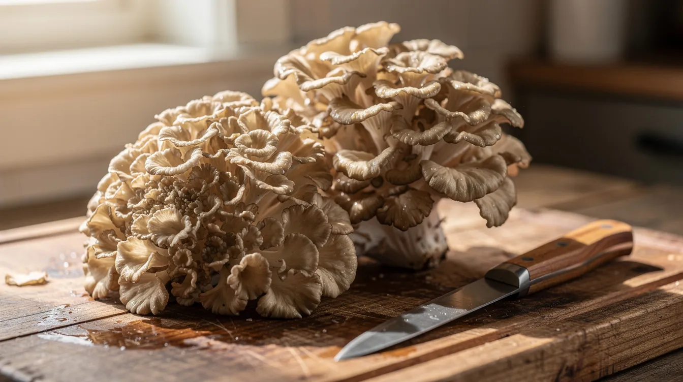 The image features fresh maitake mushrooms, also known as grifola frondosa, beautifully arranged on a wooden cutting board alongside a small knife. These edible mushrooms are celebrated for their potential health benefits, including their antioxidant properties and ability to support the immune system.