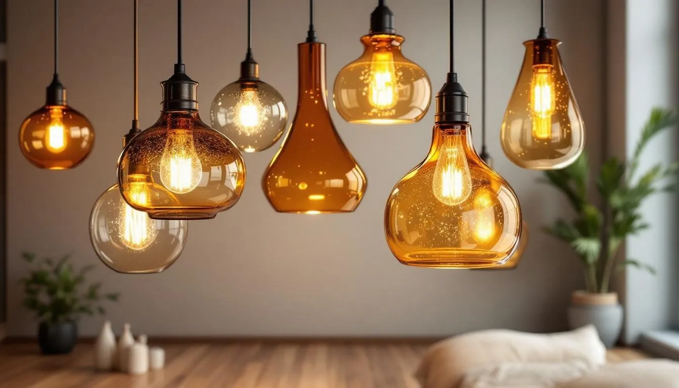 Een verzameling van verschillende glazen hanglampen in amber en rookglas tinten, die een luxe uitstraling en sfeerverlichting bieden voor een modern interieur. Deze lampen zijn perfect voor boven een grote eettafel en komen in diverse stijlen en uitvoeringen.