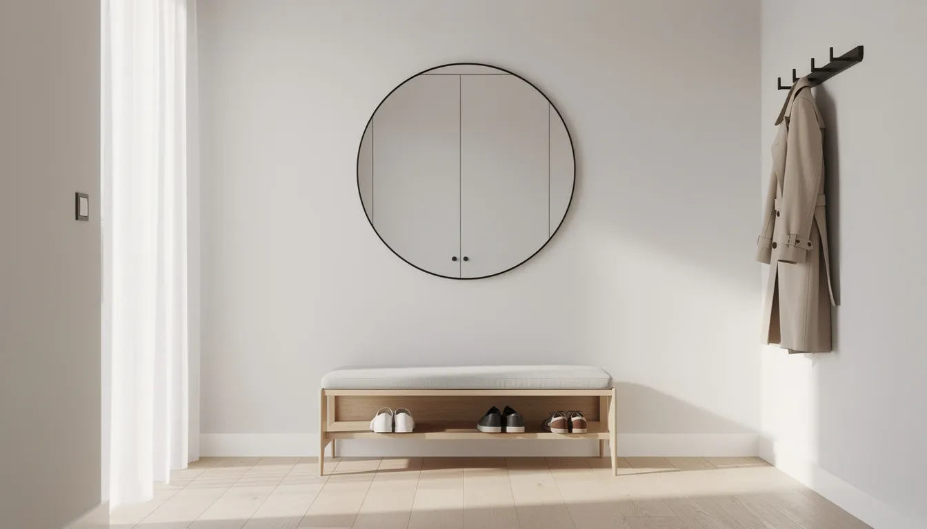 En rund väggspegel hänger ovanför en modern skohylla i en minimalistisk hall. Spegeln fungerar som en snygg inredningsdetalj som skapar en känsla av rymd och ljus i hemmet.