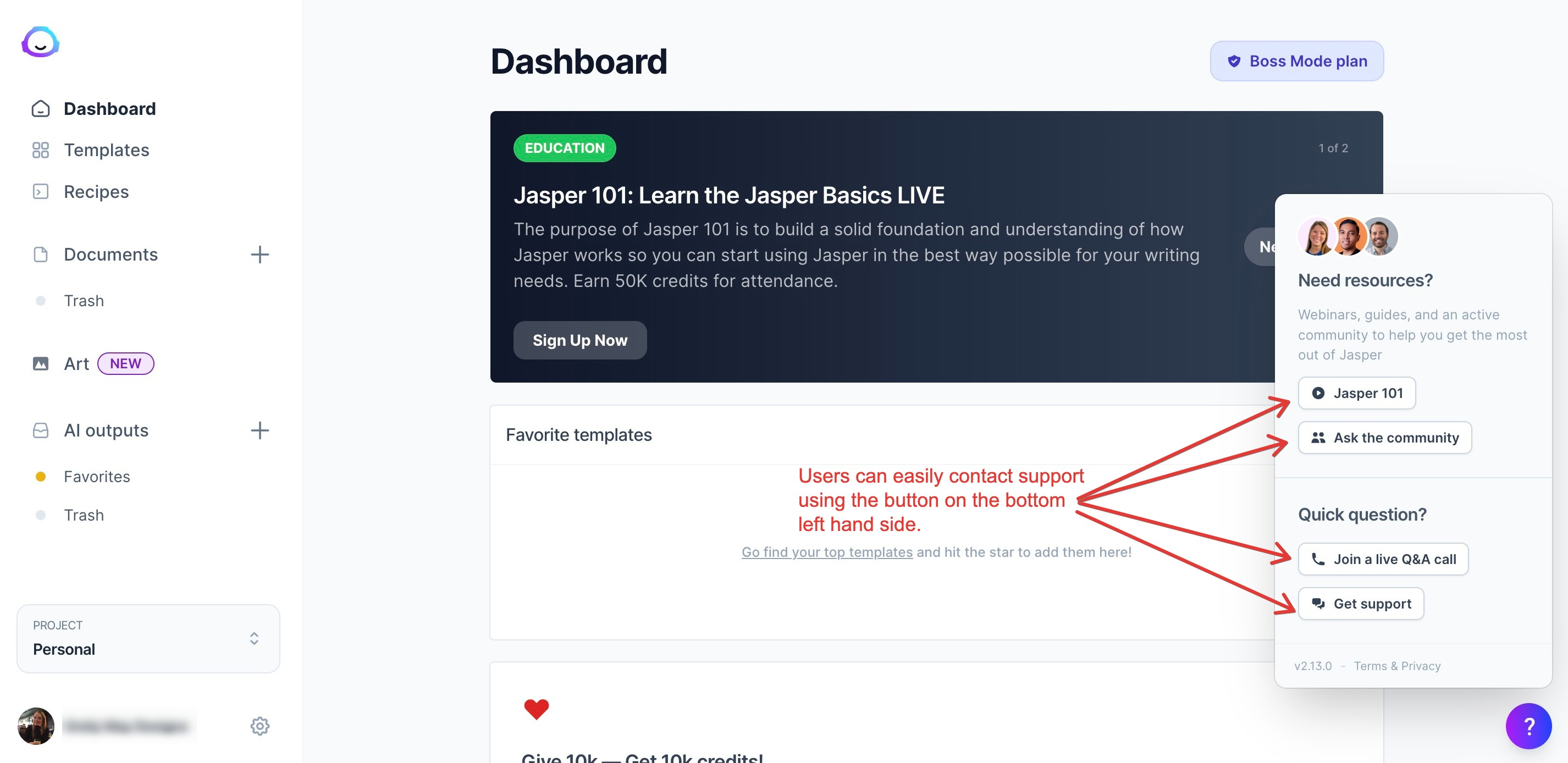 Jasper AI vs Copy AI - Jasper's help icon on the user dashboard page