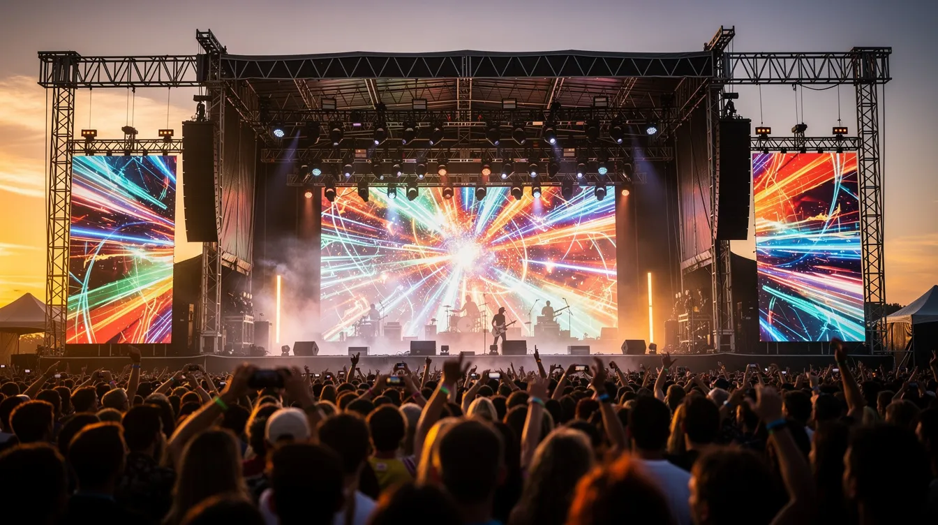 The image shows a large outdoor music festival stage at sunset, featuring a vibrant LED video wall behind the band, creating a stunning backdrop for the performance. This setup highlights the use of high-resolution LED displays, perfect for engaging the audience at outdoor events.
