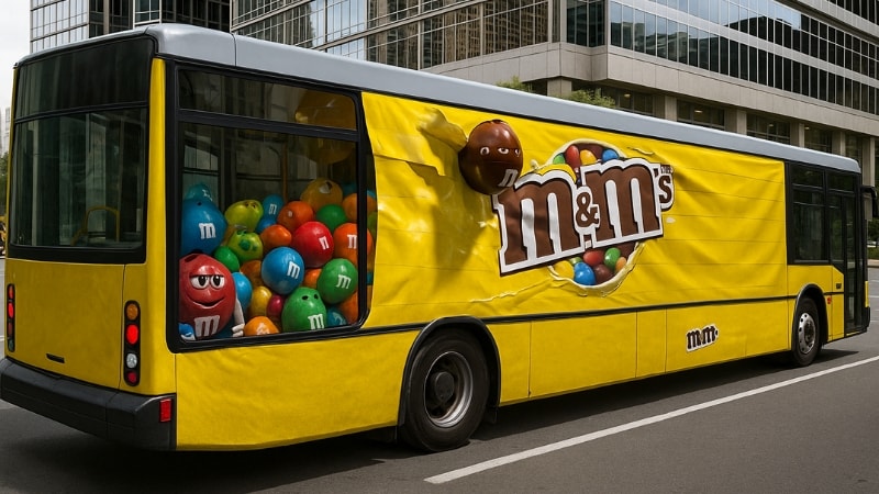 An interactive vinyl wrap for bus that depicts opening of the sweets