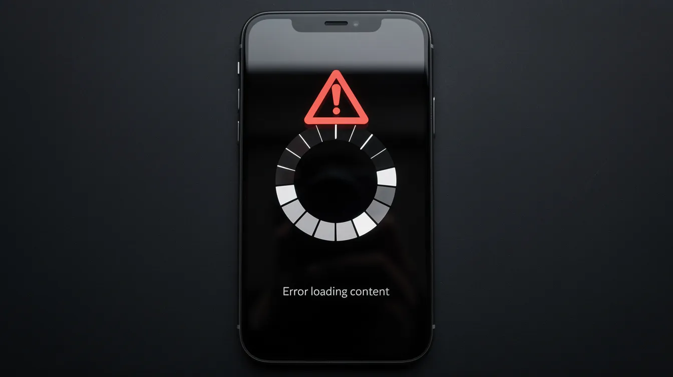 The image shows a dark smartphone screen with a loading spinner and an error message symbol, indicating a problem with accessing online banking services. This visual represents the potential issues users may face in the digital banking experience, highlighting the importance of reliable internet access for managing finances and processing transactions.