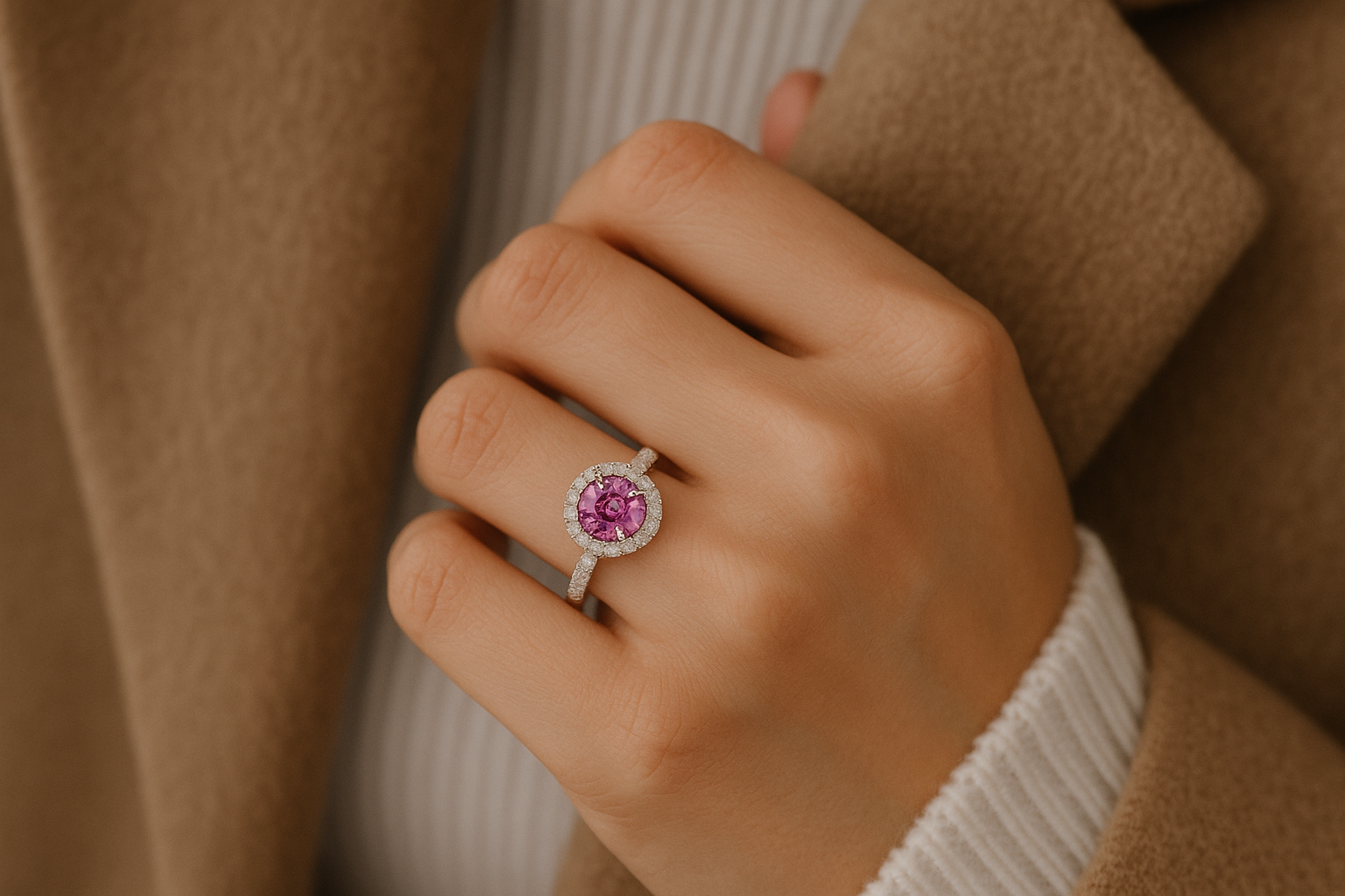 Stilingos moters ranka su prabangiu žiedu, kuriame rožinis safyras apsuptas mažų deimantų
