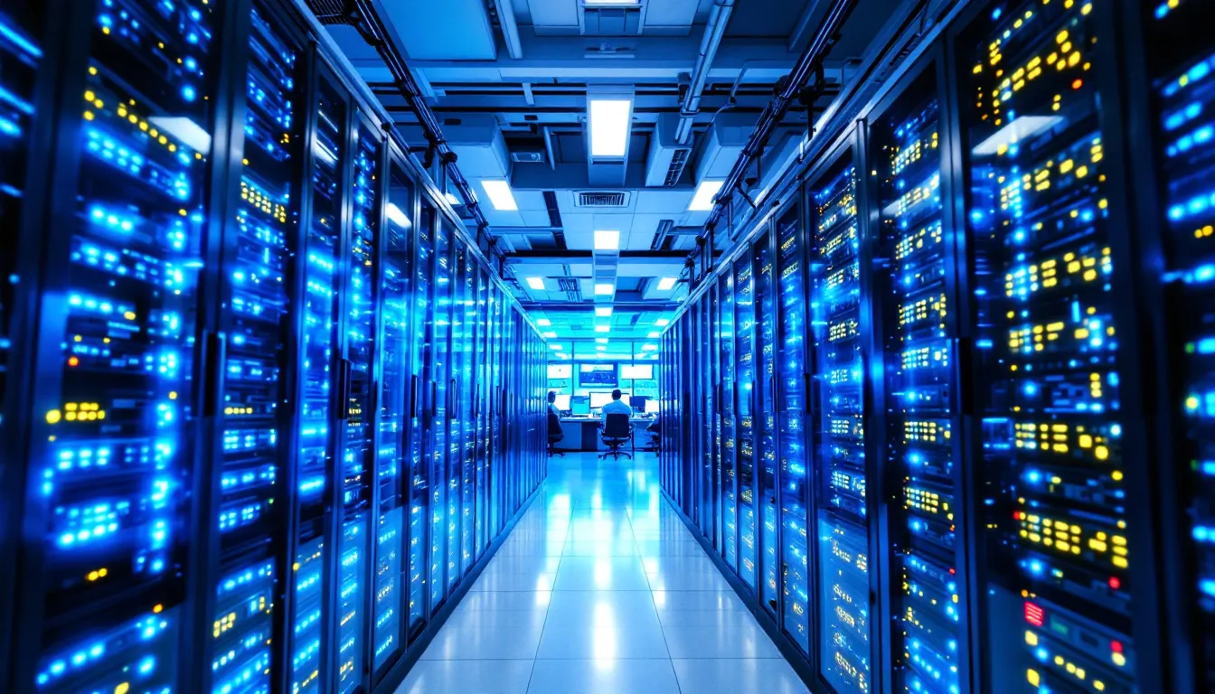 A modern data center filled with rows of servers and network equipment, representing a robust enterprise data infrastructure that supports data virtualization, data lakes, and various databases for efficient data storage and analytics. This environment is designed to handle large datasets and facilitate high-performance analytics, allowing users to run queries and access data from multiple sources seamlessly.