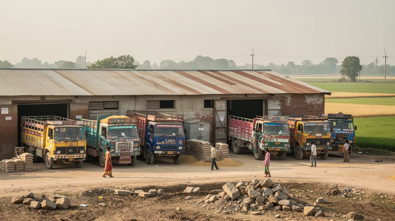 d47f701f 448a 4539 bf4b 923ce214c3aa The image depicts a rural grain storage warehouse in an Indian village, with trucks parked outside and vast agricultural fields stretching into the background. This facility represents critical agricultural storage infrastructure aimed at enhancing post-harvest management and reducing losses for local farmers.