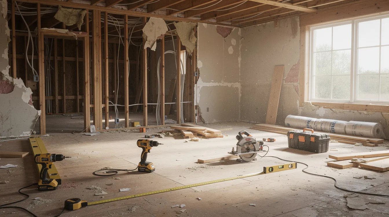 The image depicts the interior of a house undergoing renovation, showcasing exposed framing and various construction tools scattered across the floor, indicative of a fix and flip project. This scene highlights the investment property's transformation, often financed through hard money loans by real estate investors.