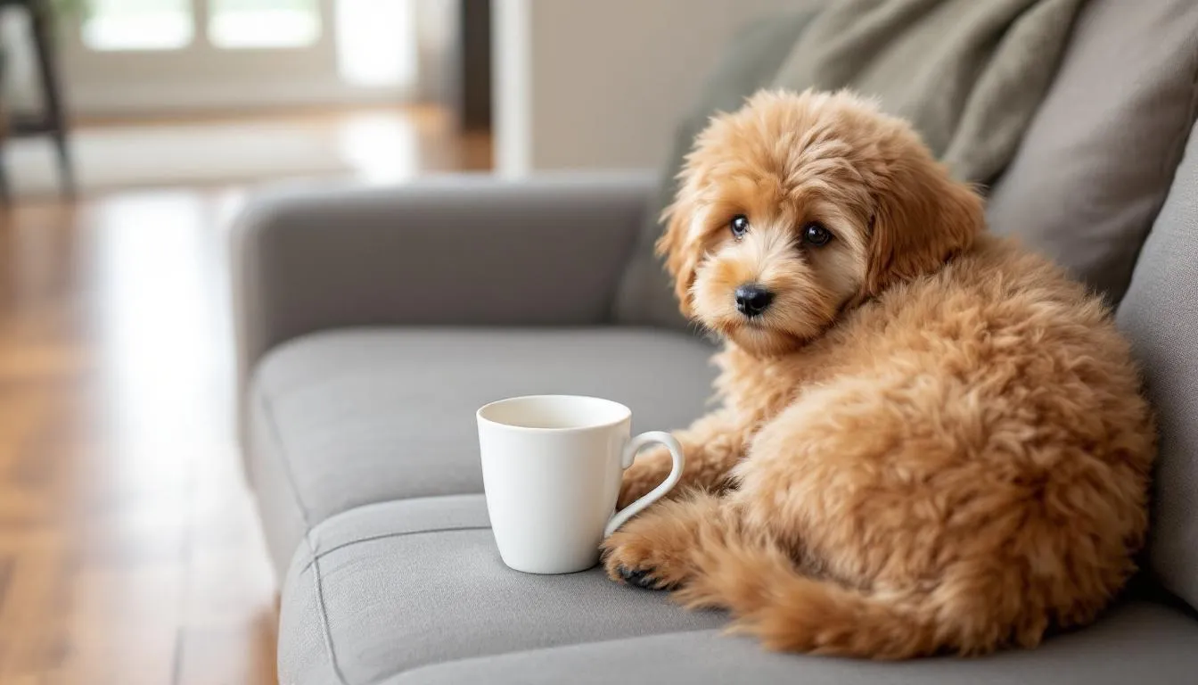 An adult micro teacup goldendoodle is sitting on a couch next to a coffee cup, showcasing its compact size for comparison. This adorable pup, known for its affectionate nature and hypoallergenic coat, represents the wonderful traits of the goldendoodle breed.