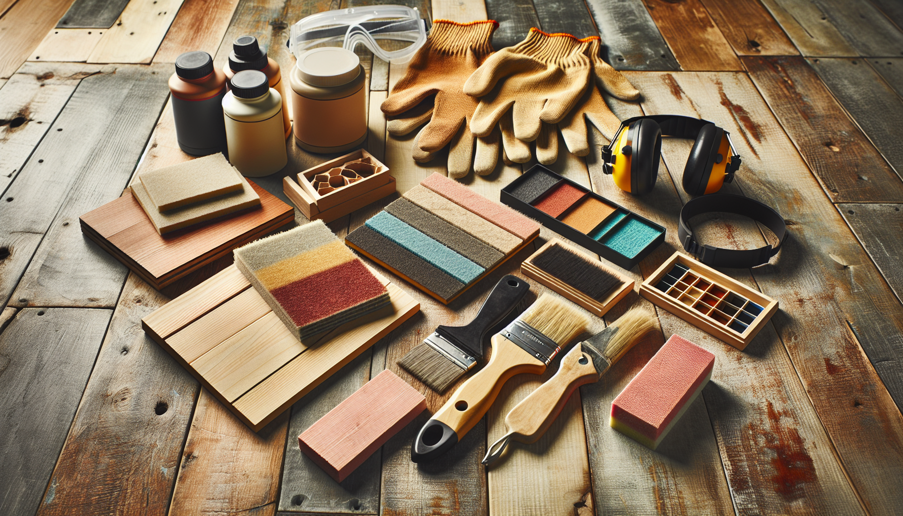 Assortment of essential tools for DIY hardwood floor repair