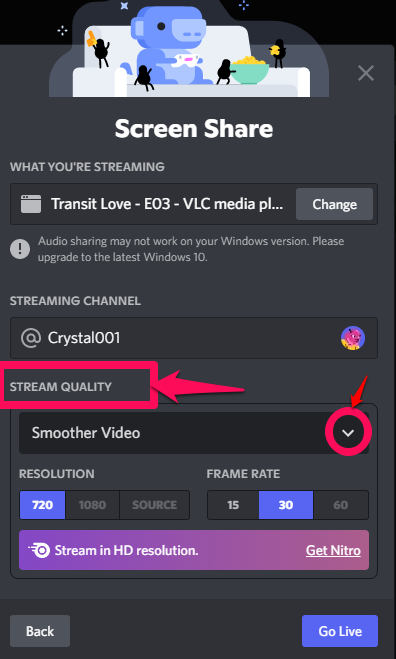 Closeup image ilustrating the Discord Stream Quality tab and the drop down menu button